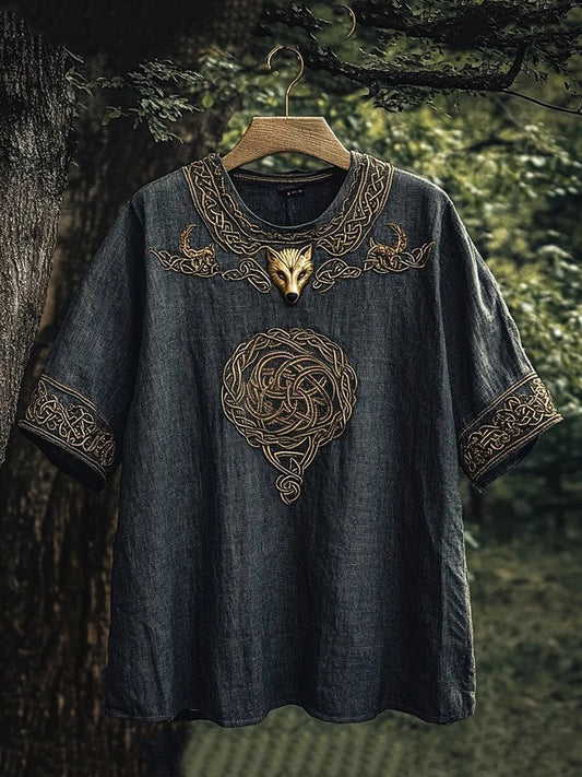 SweetChair Men's Viking Celtic Knot Wolf Head Linen T-shirt