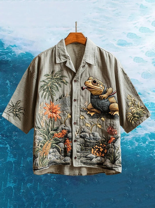 SweetChair Men's Embroidered Funny Frog Hawaiian Shirt