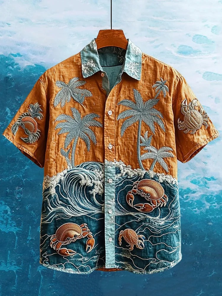 SweetChair Men's Embroidered Hermit Crab Hawaiian Summer Marine Shirt