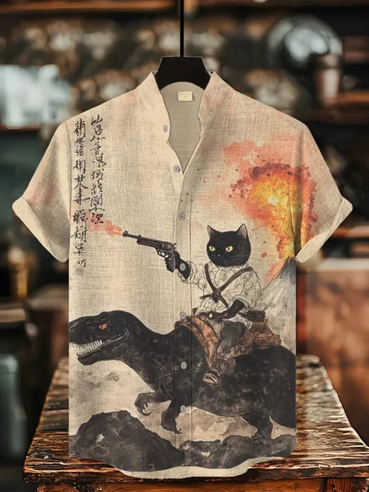 SweetChair Men's Retro Calligraphy Cat Dinosaur Volcanic Print Shirt