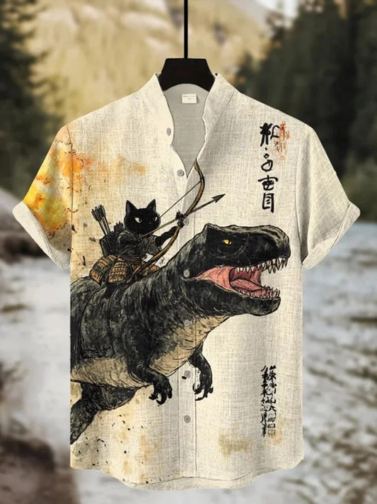 SweetChair Men's Black Cat Riding A Dinosaur Art Print Casual Shirt