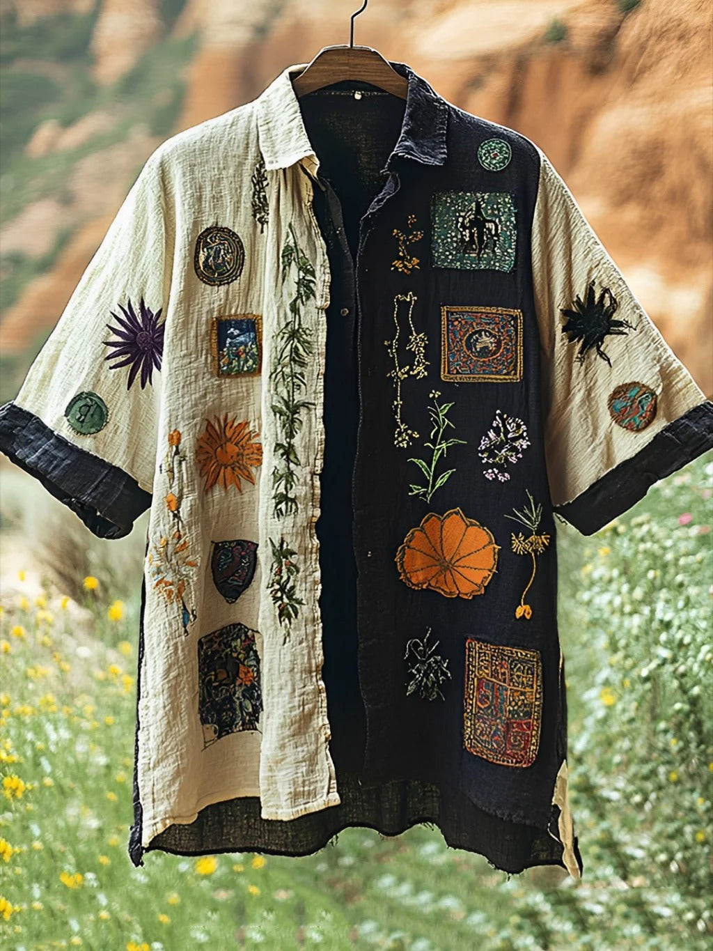 SweetChair Men's Vintage Spliced Contrasting Linen Shirt