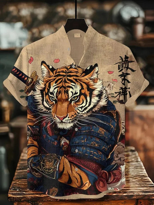 SweetChair Men's Tiger Warrior Calligraphy Art Print Casual Shirt
