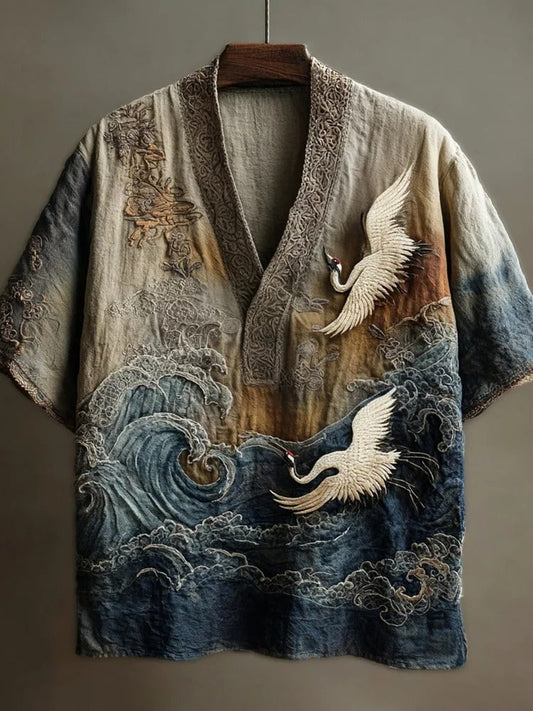 SweetChair Japanese Embossed Crane Art Men's Linen V-neck Shirt