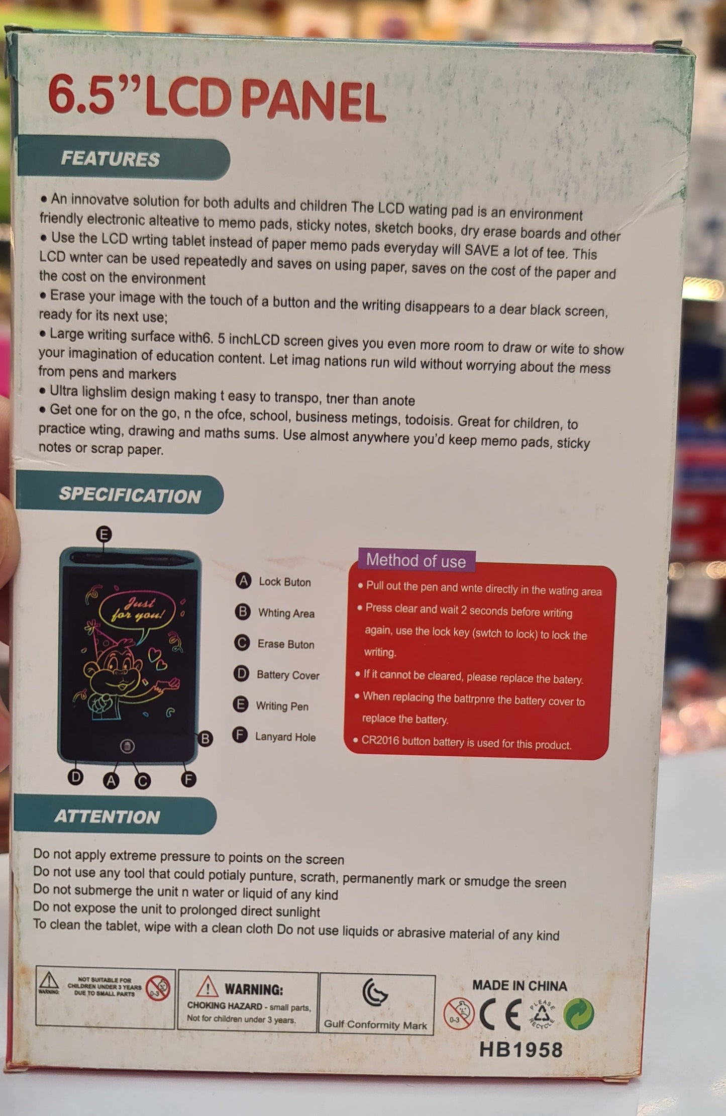 Lcd panel colourful writing tablet 6.5 inches