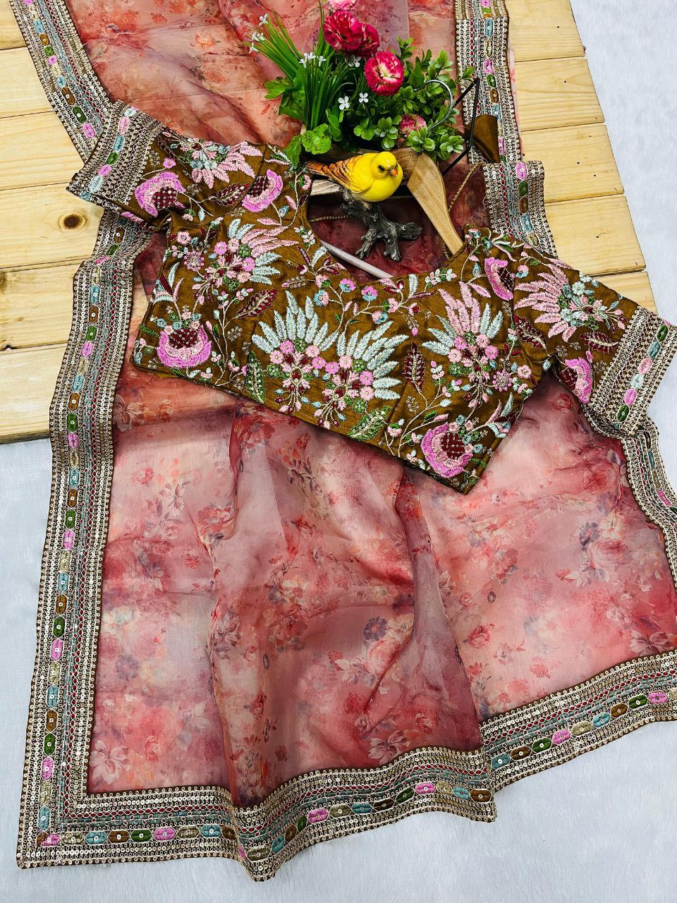 3D Floral Bollywood Organza Saree | Clone Design