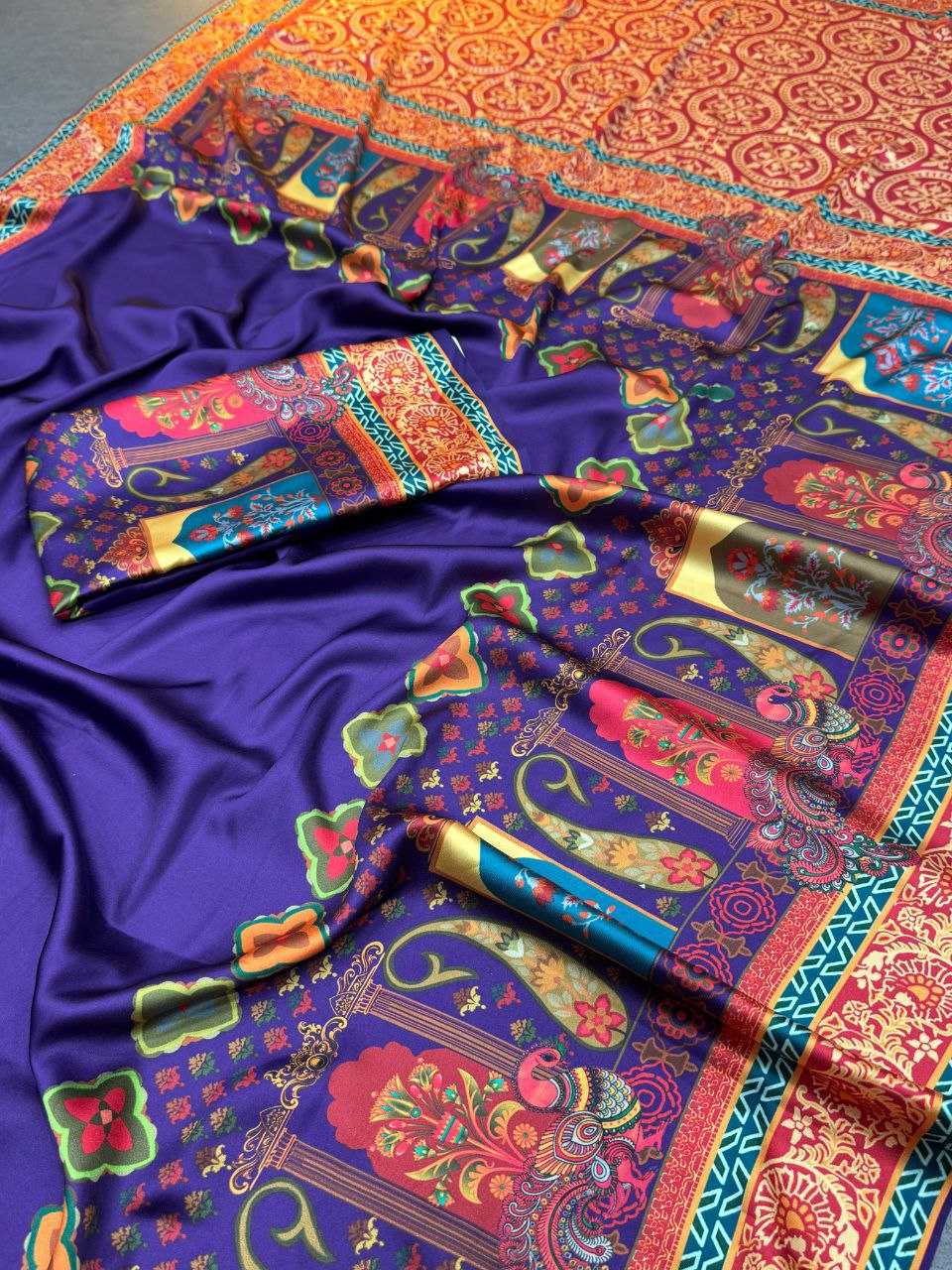 Ajrak Print Gaji Satin Silk Saree