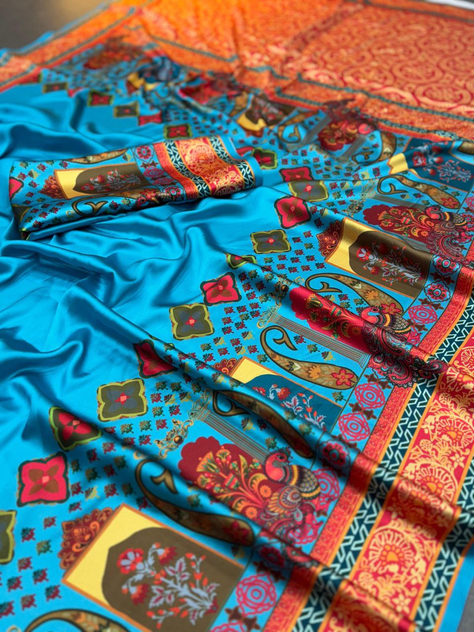 Ajrak Print Gaji Satin Silk Saree