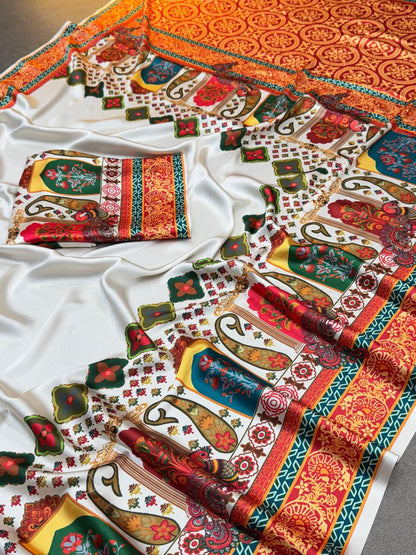 Ajrak Print Gaji Satin Silk Saree