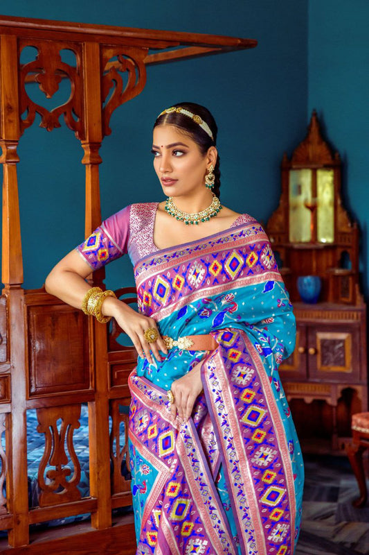 Aqua Blue Banarasi Silk Paithani Patola Saree
