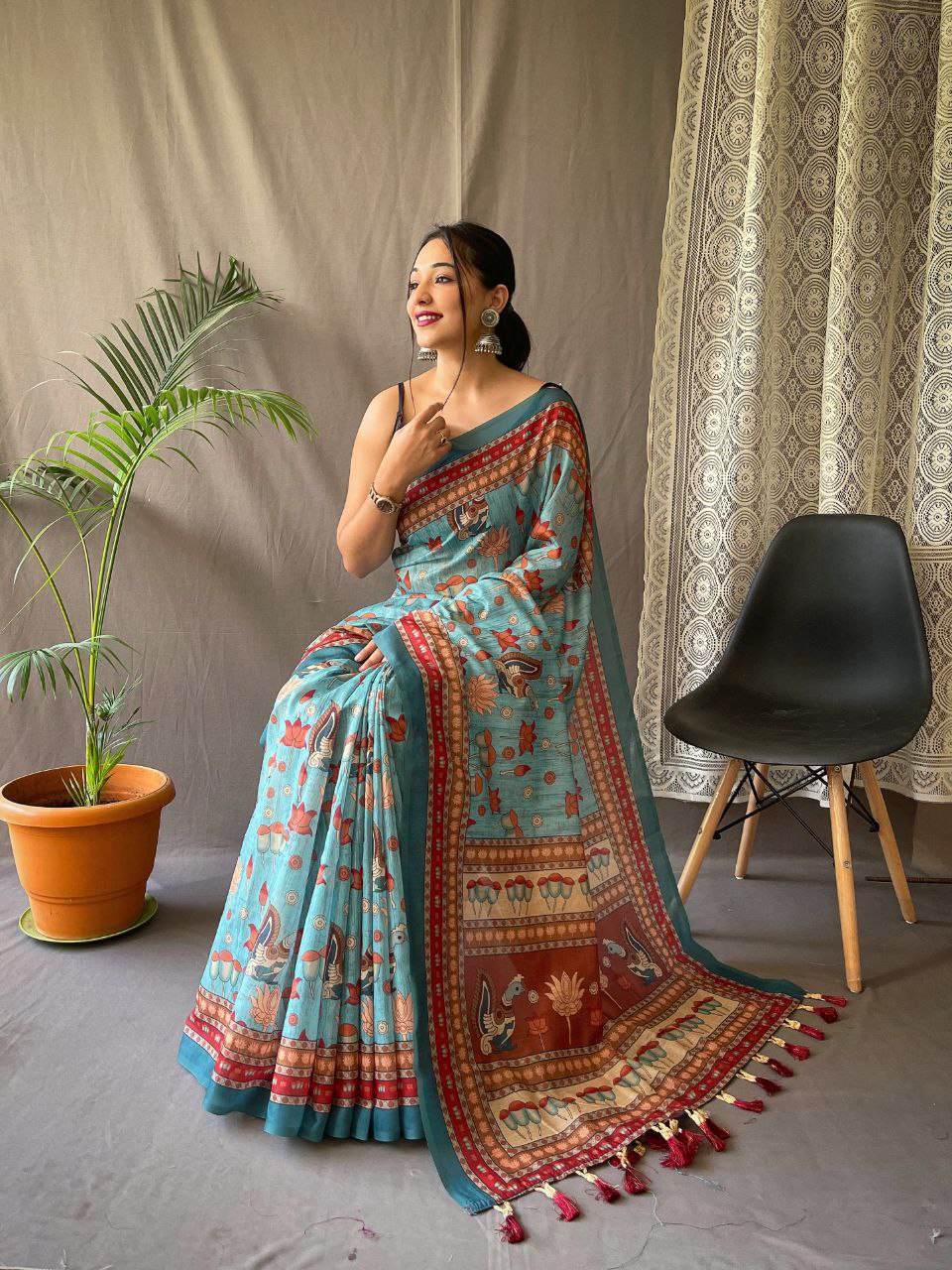 Aqua Blue Pure Malai Cotton Saree