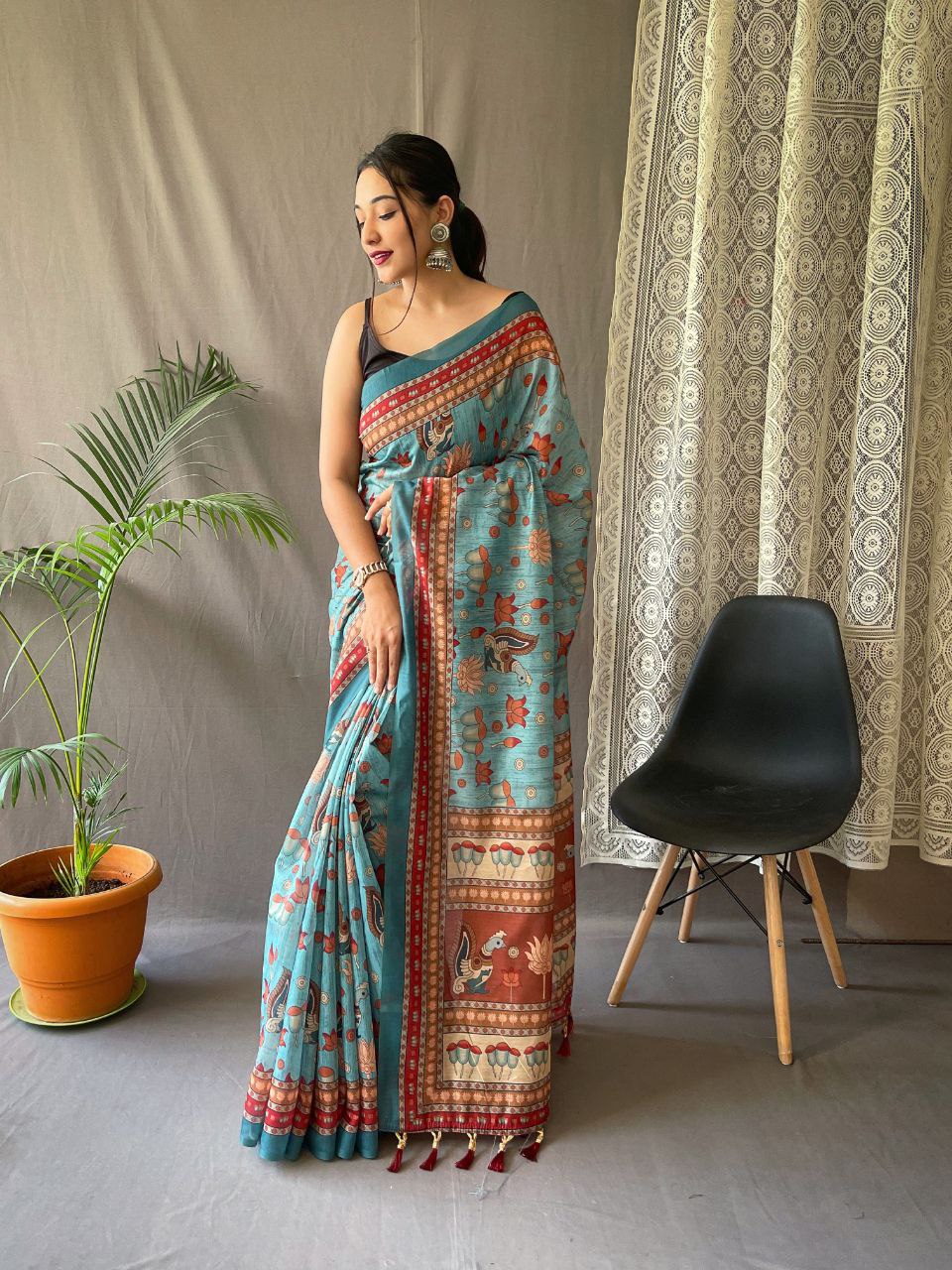 Aqua Blue Pure Malai Cotton Saree