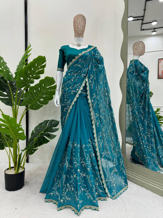 Aqua Party Wear Tabby Silk Saree
