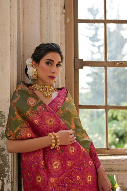 Army Green Banarasi Silk Saree For Wedding