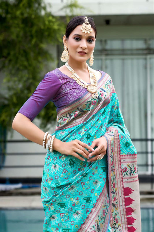 Aqua Banarasi Soft Silk Patola Saree