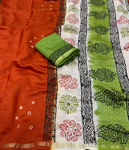 Orange Bandhani Block Printed Cotton Saree