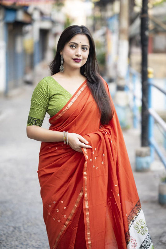 Orange Bandhani Block Printed Cotton Saree