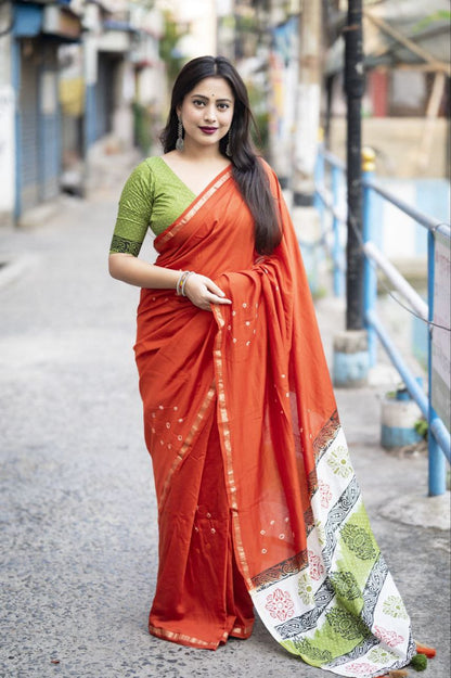 Orange Bandhani Block Printed Cotton Saree