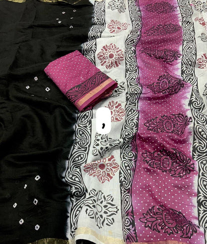 Black Bandhani Block Printed Cotton Saree