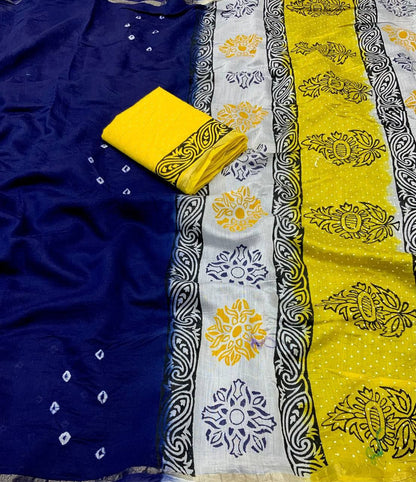 Blue Bandhani Block Printed Cotton Saree