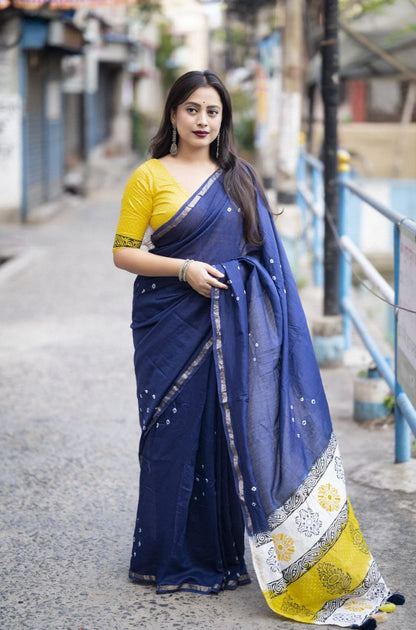 Blue Bandhani Block Printed Cotton Saree