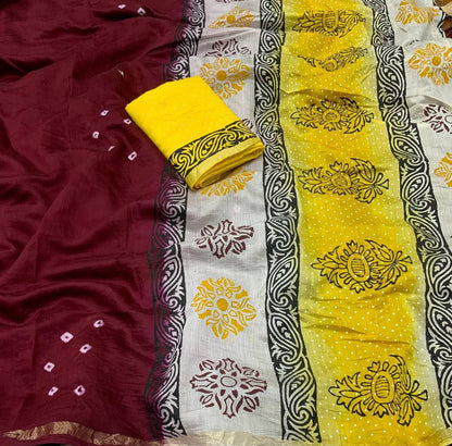Maroon Bandhani Block Printed Cotton Saree