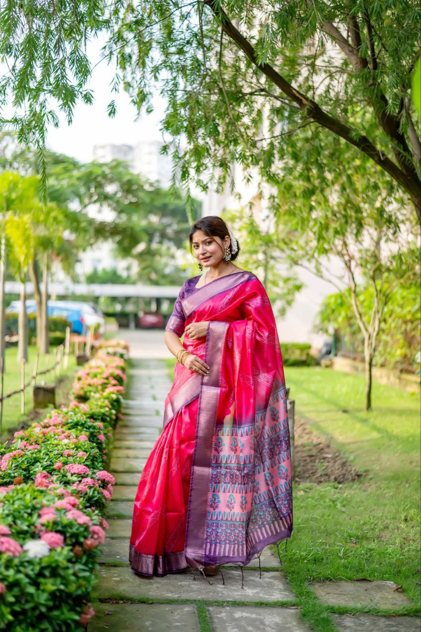 Rani Pink Bandhani Printed Raw Silk Saree for Wedding Event