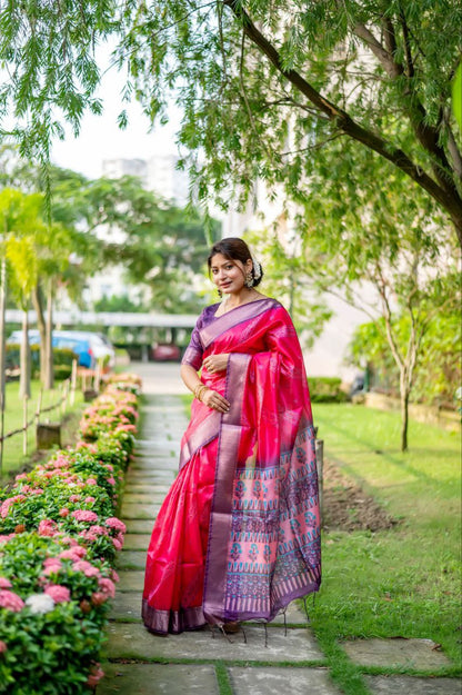 Rani Pink Bandhani Printed Raw Silk Saree for Wedding Event