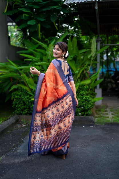 Orange Bandhani Printed Raw Silk Saree for Wedding