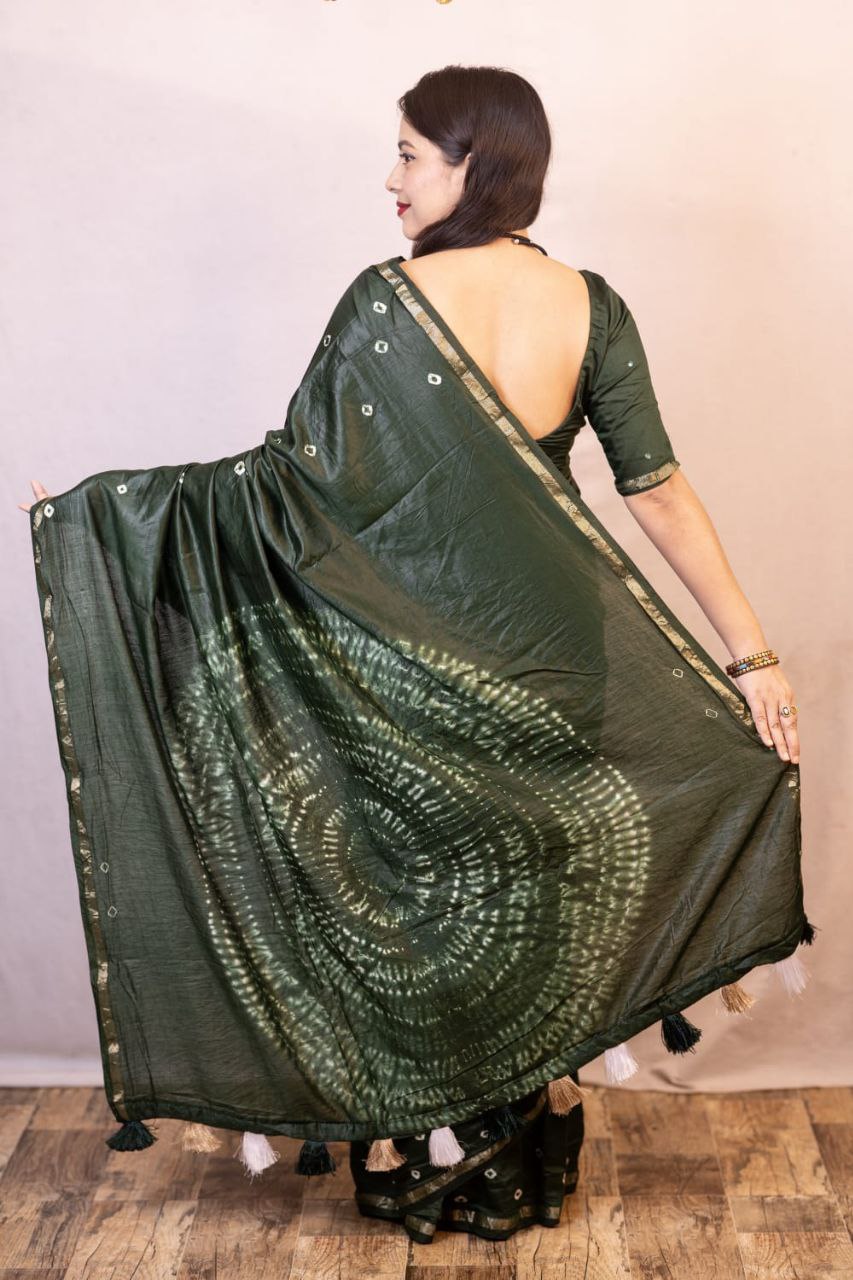 Green Bandhani Style Chanderi Cotton Saree
