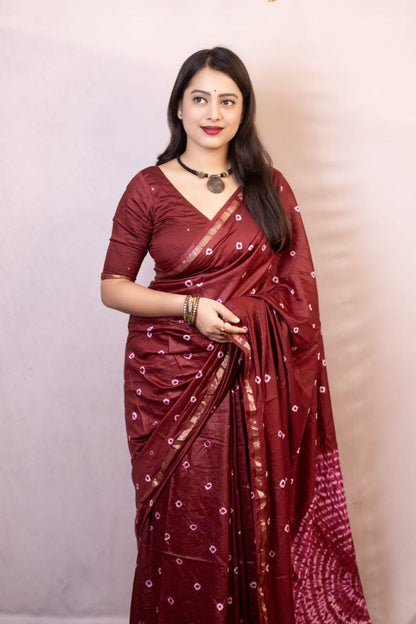 Maroon Bandhani Style Chanderi Cotton Saree