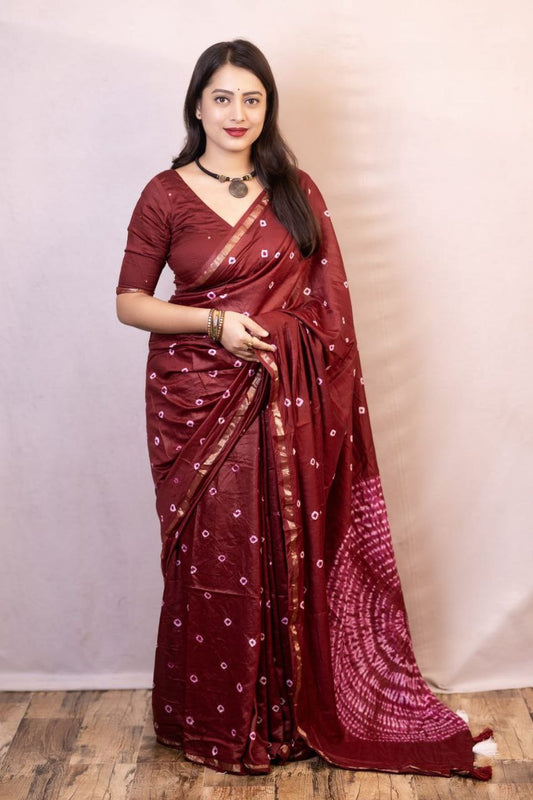 Maroon Bandhani Style Chanderi Cotton Saree