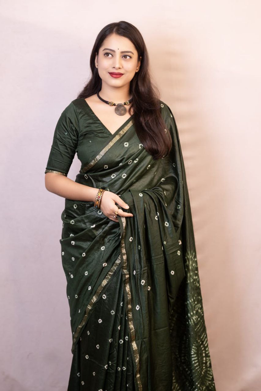 Green Bandhani Style Chanderi Cotton Saree