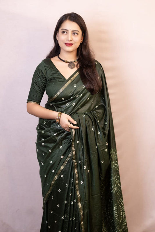 Green Bandhani Style Chanderi Cotton Saree