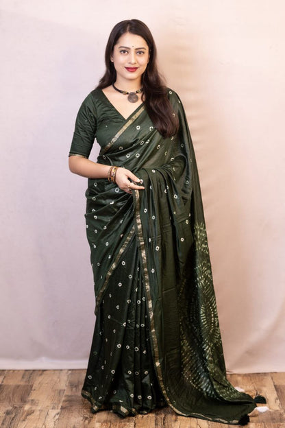 Green Bandhani Style Chanderi Cotton Saree