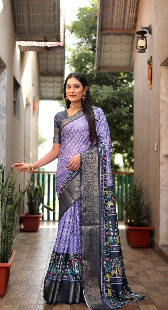 Lavender Bandhej & Kalamkari Printed Dola Silk Saree