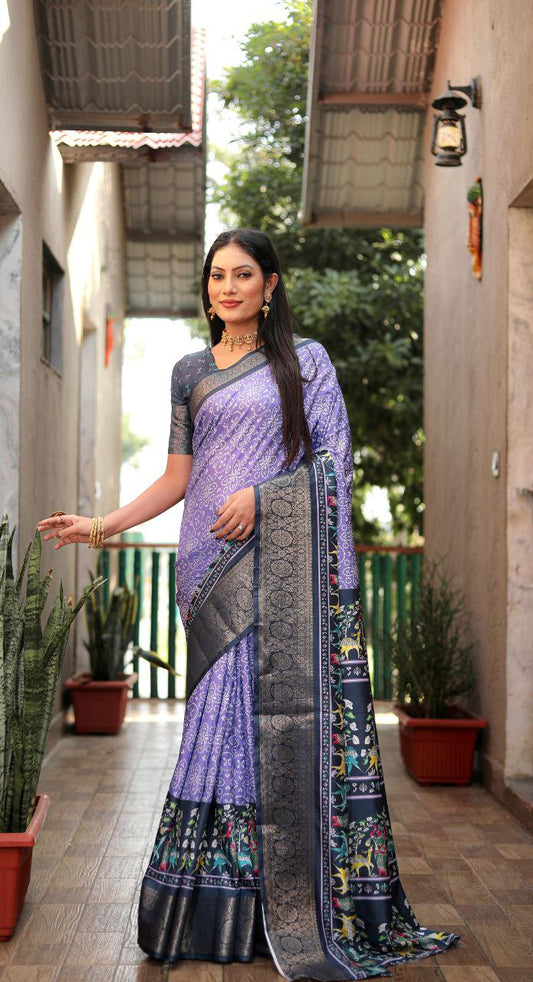 Lavender Bandhej & Kalamkari Printed Dola Silk Saree