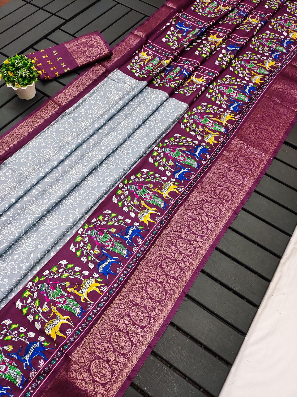 Gray Bandhej & Kalamkari Printed Dola Silk Saree