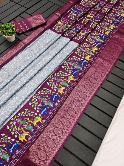 Gray Bandhej & Kalamkari Printed Dola Silk Saree