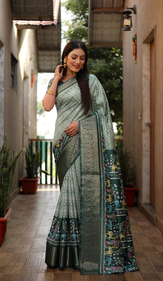 Green Bandhej & Kalamkari Printed Dola Silk Saree
