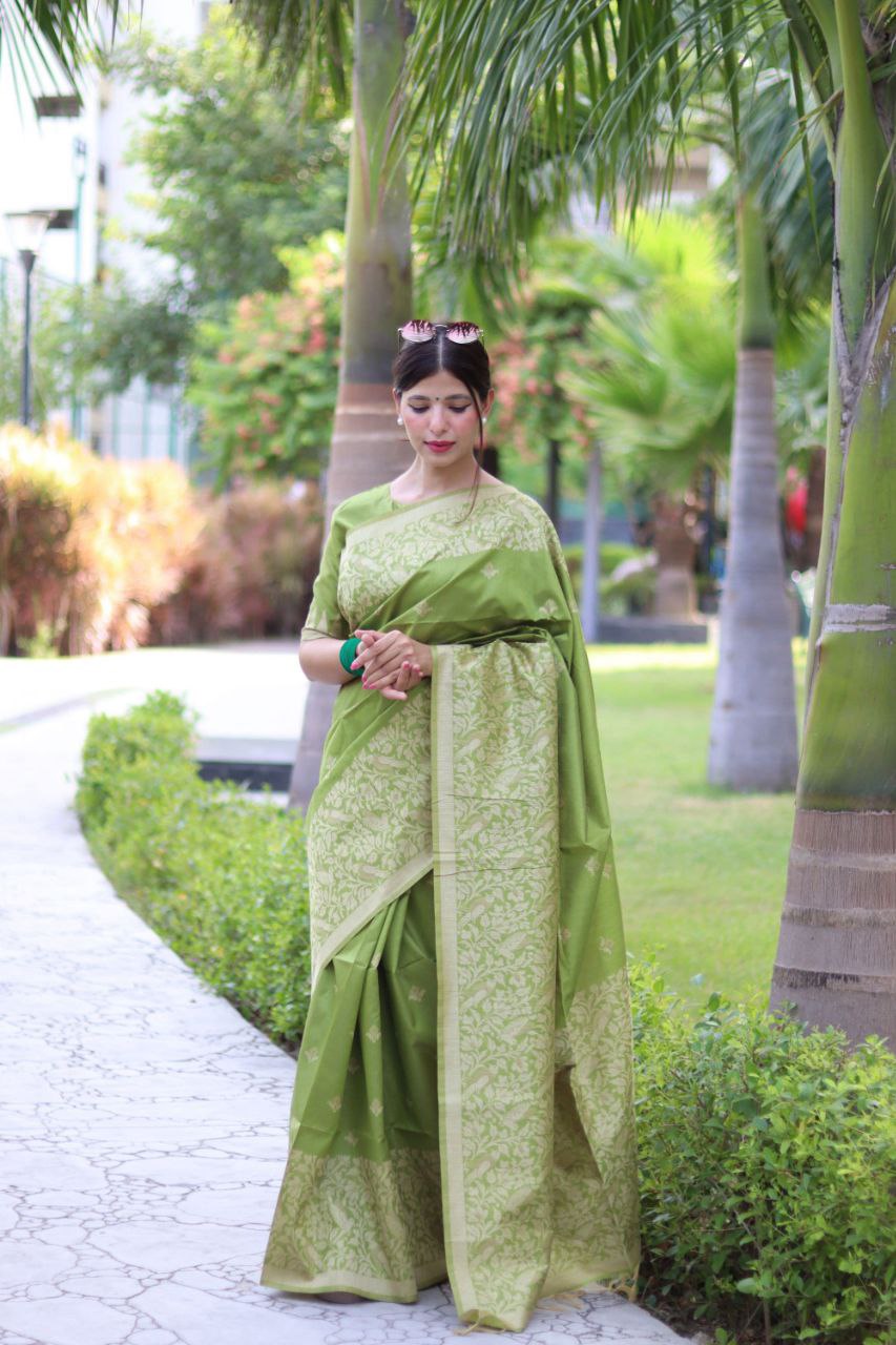 Green Bangalore Handloom Raw Silk Saree for Wedding