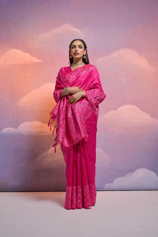 Rani Pink Banglori Handloom Raw Silk Saree