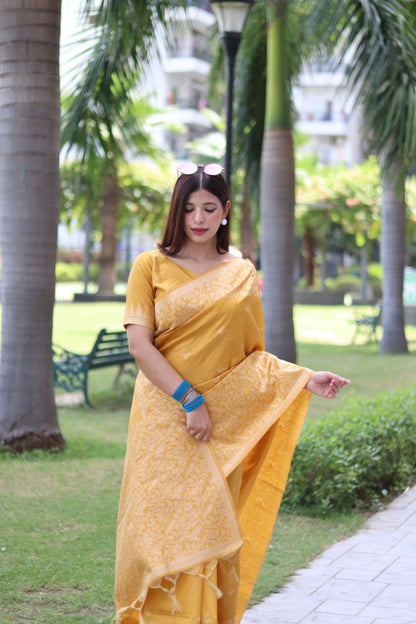 Yellow Bangalore Handloom Raw Silk Saree for Wedding