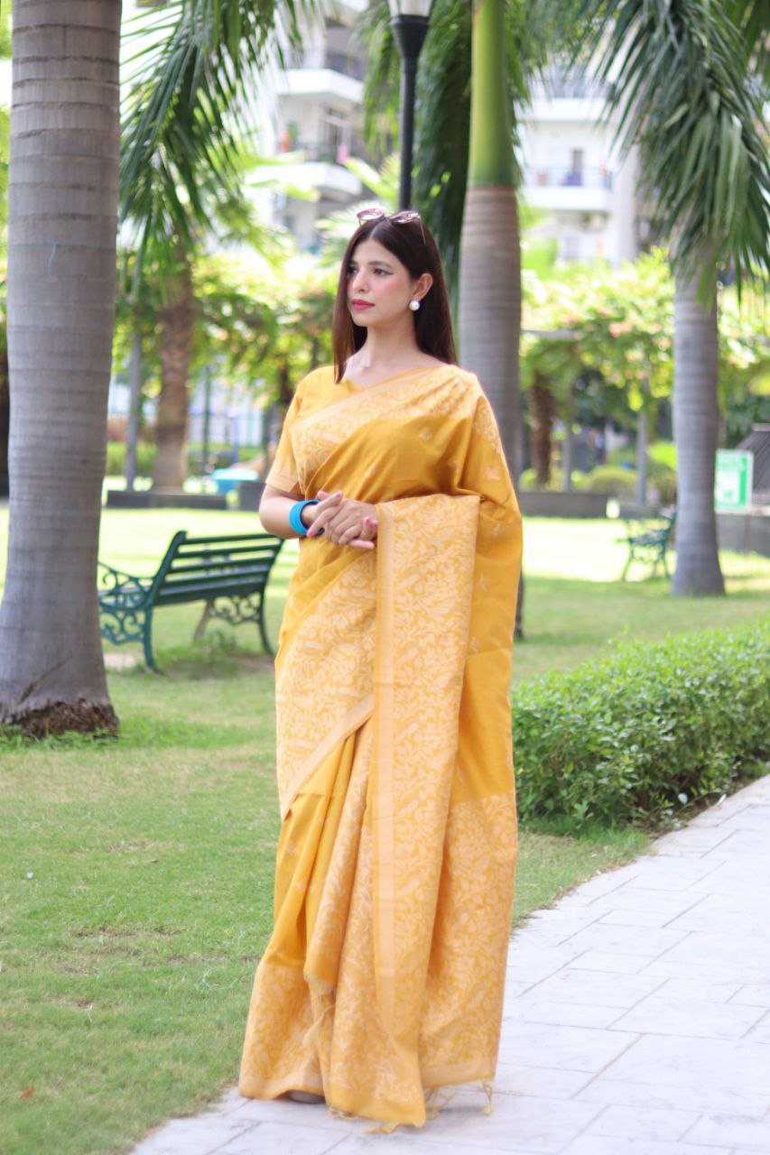 Yellow Bangalore Handloom Raw Silk Saree for Wedding
