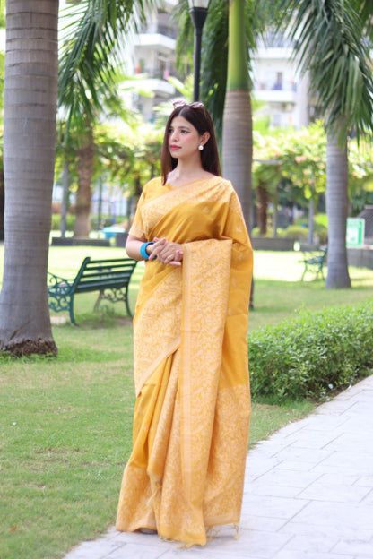 Yellow Bangalore Handloom Raw Silk Saree for Wedding