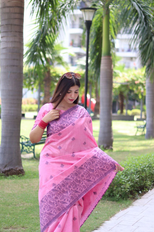Pink color Bangalore Handloom Raw Silk Saree