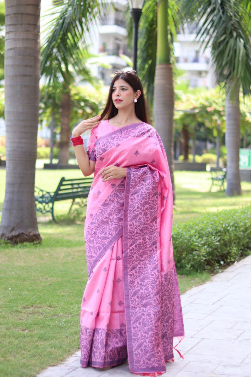 Pink color Bangalore Handloom Raw Silk Saree