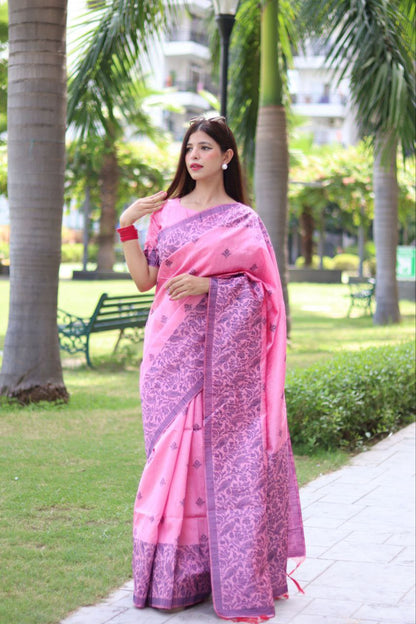 Pink color Bangalore Handloom Raw Silk Saree