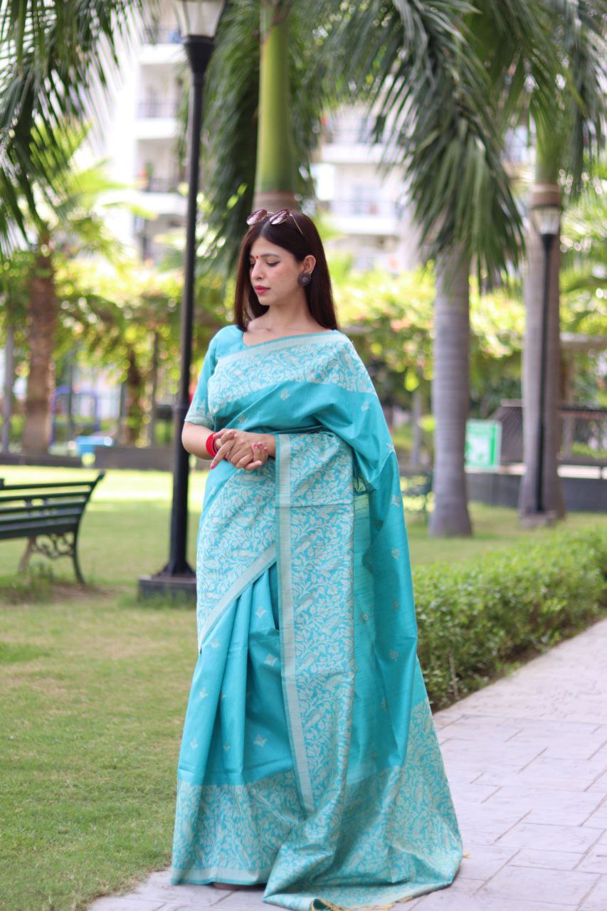 Sky Blue Color Bangalore Handloom Raw Silk Saree