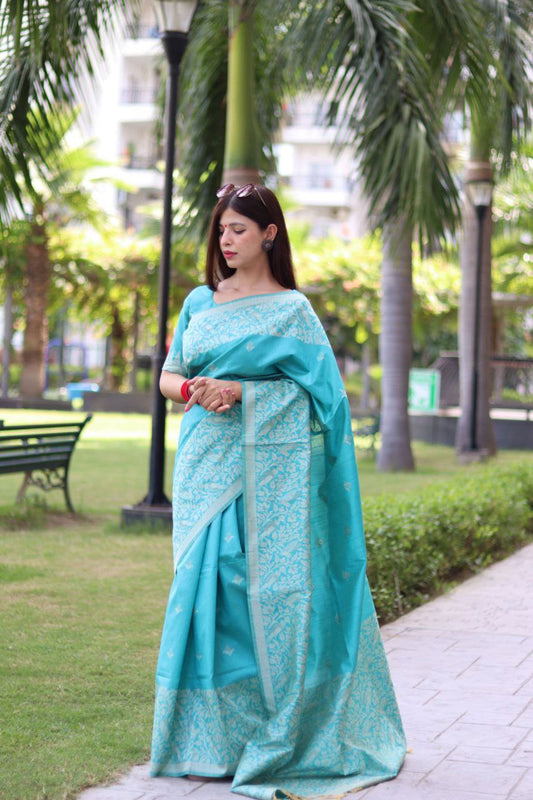Sky Blue Color Bangalore Handloom Raw Silk Saree